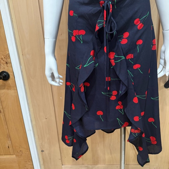 Aqua Cherry print Midi Blue Dress Size Small Red Blue Ruffle Clinch front Dress - Picture 10 of 16